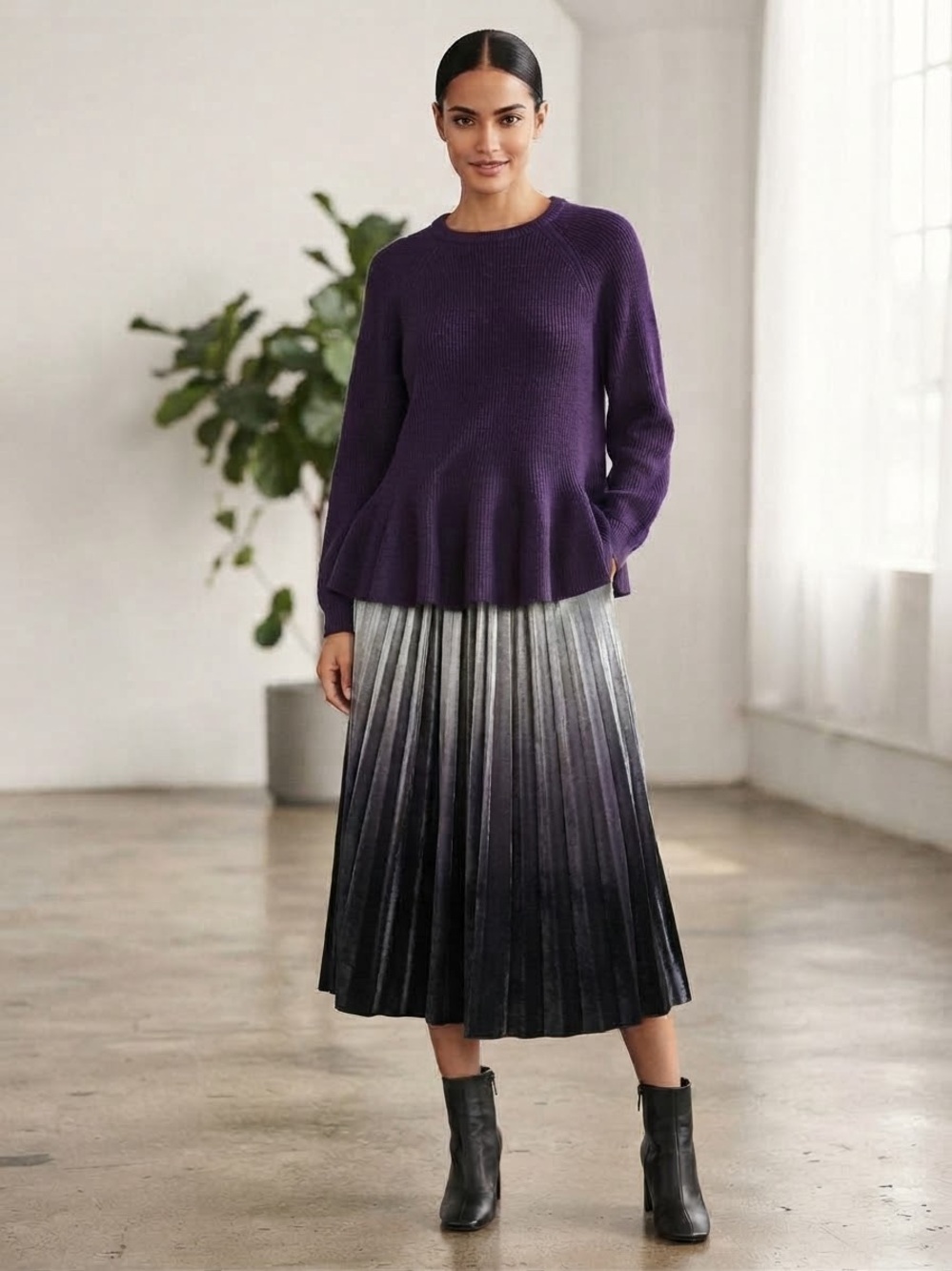 Ombre Pleated Midi Skirt in Gray and Black